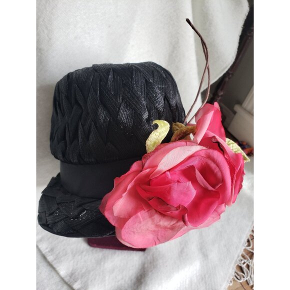 Black Vintage Cloche Hat with Large Pink Roses Woven Raffia - Picture 5 of 10
